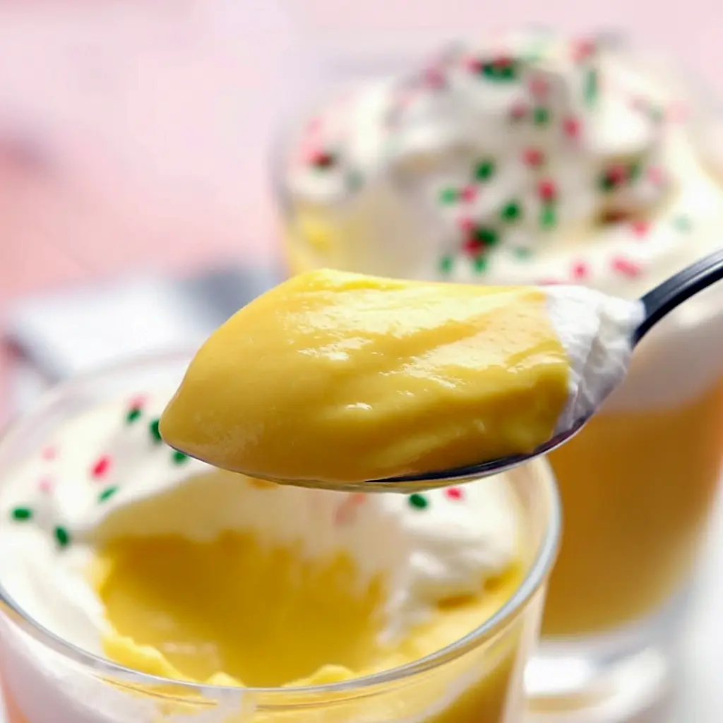 Close-up of a creamy dessert in a glass, crowned with whipped cream and a dusting of nutmeg — festive Slow Cooker Desserts inspired styling and classic Homemade Pudding texture, Eggnog Pudding Recipe.