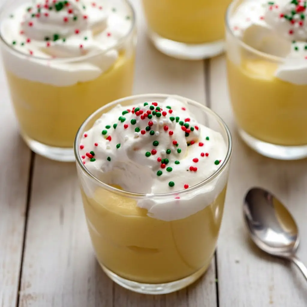 Close-up of a creamy dessert in a glass, crowned with whipped cream and a dusting of nutmeg — festive Slow Cooker Desserts inspired styling and classic Homemade Pudding texture, Eggnog Pudding Recipe.