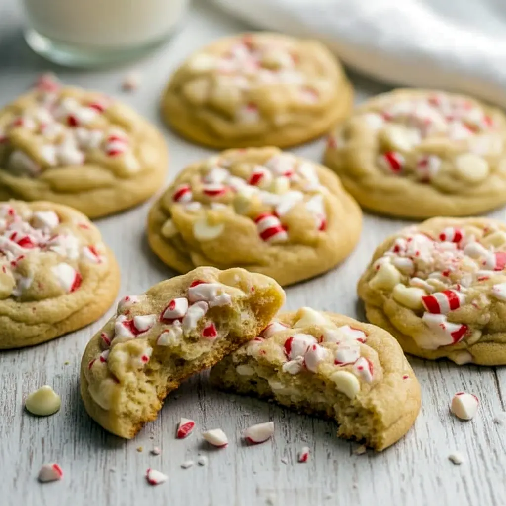 Close-up of warm white chocolate peppermint cookies on a festive plate, topped with crushed candy cane and a light dusting of sugar, Christmas Cookies With Peppermint.