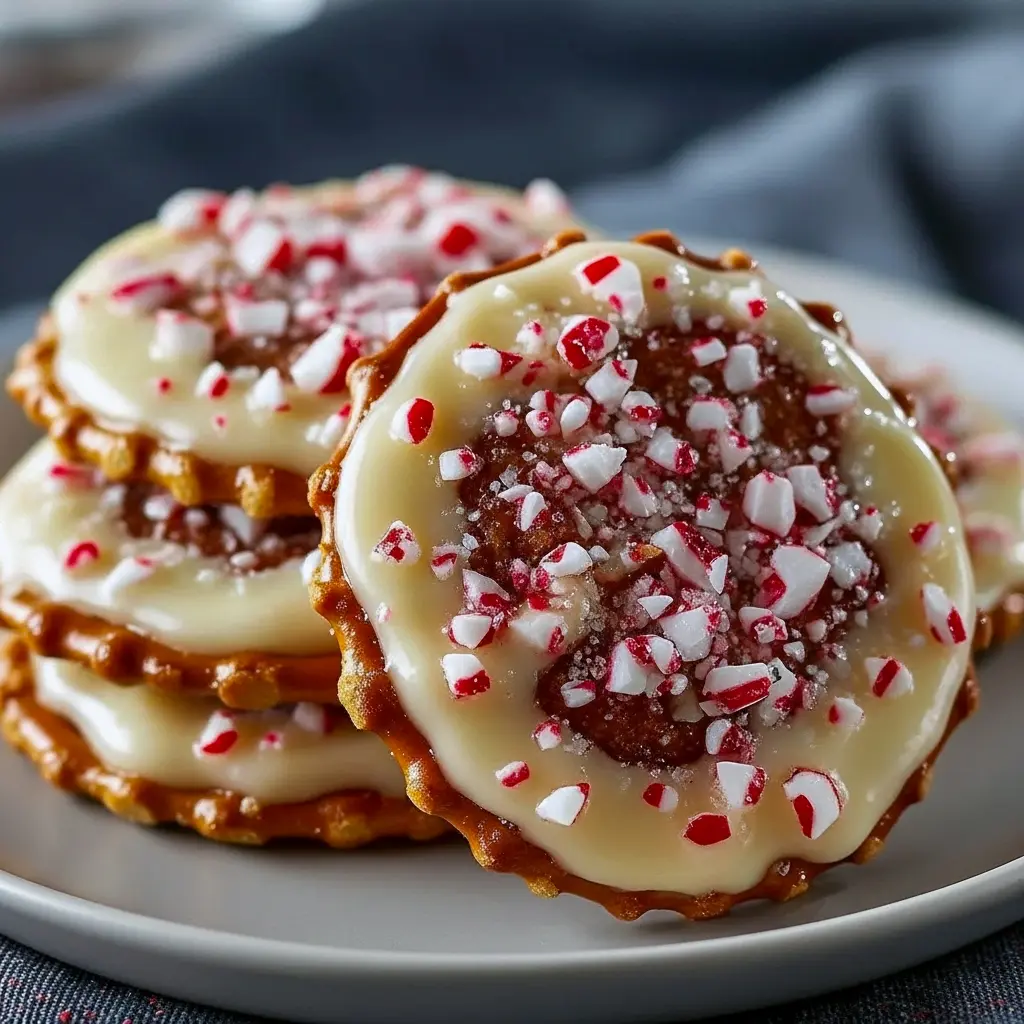 White-chocolate-coated pretzel crisps topped with crushed peppermint, arranged on parchment for a festive holiday snack, Christmas Pretzel Treats.
