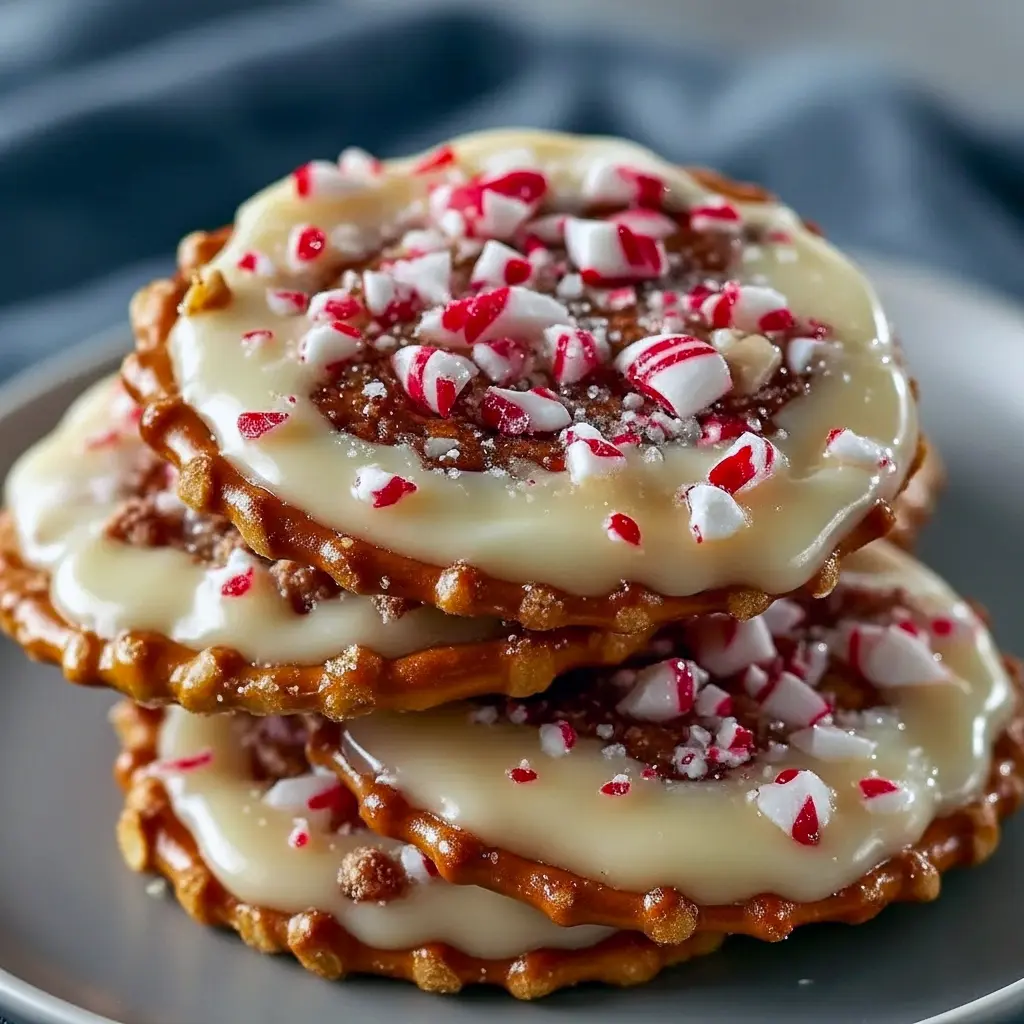 White-chocolate-coated pretzel crisps topped with crushed peppermint, arranged on parchment for a festive holiday snack, Christmas Pretzel Treats.