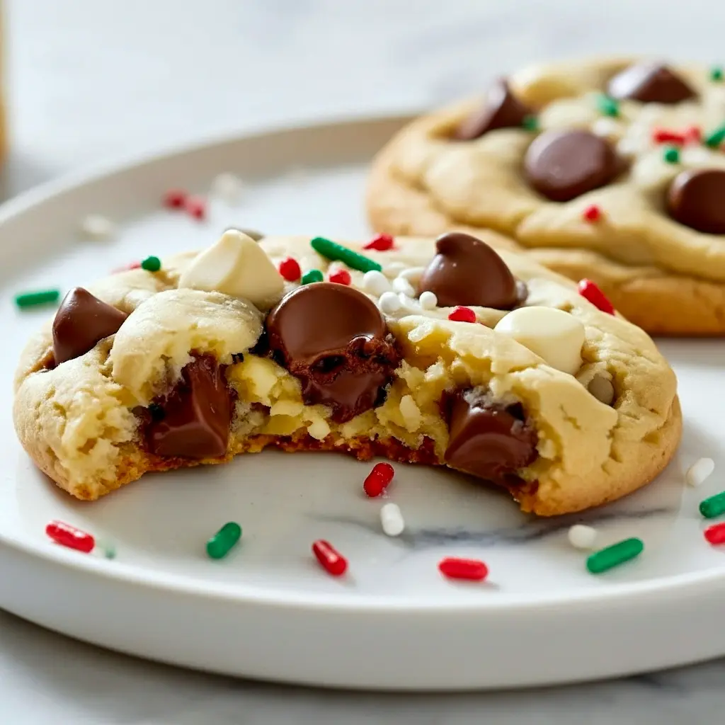Close-up of chocolate chip cookies with white chocolate chips, red and green sprinkles, and a light dusting of powdered sugar on a white plate, Winter Wonderland Christmas Cookies.