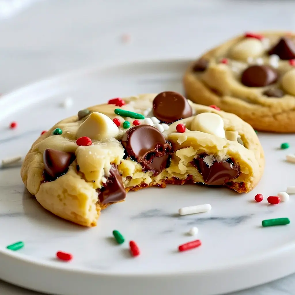 Close-up of chocolate chip cookies with white chocolate chips, red and green sprinkles, and a light dusting of powdered sugar on a white plate, Winter Wonderland Christmas Cookies.