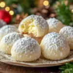 Lemon cream-filled snowball cookies dusted with powdered sugar, stacked on a holiday plate.