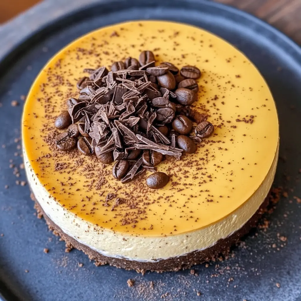 Slice of espresso-infused cheesecake with chocolate crust and a dusting of cocoa on a serving plate, Best Coffee Cheesecake.