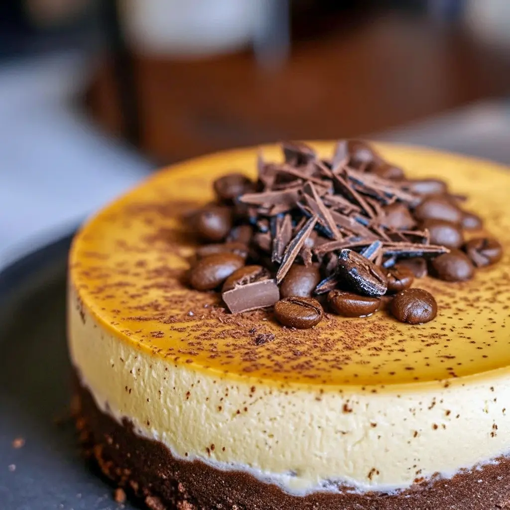 Slice of espresso-infused cheesecake with chocolate crust and a dusting of cocoa on a serving plate, Best Coffee Cheesecake.