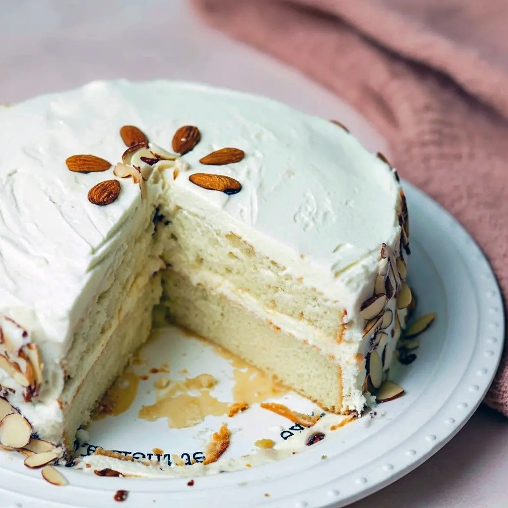 Best Ever Almond Cream Cake slice with whipped almond frosting and toasted sliced almonds, styled on a white plate.