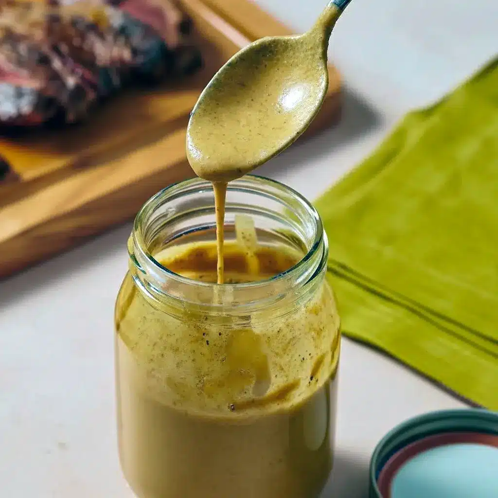 Jar of Steak Marinade beside raw steaks on a cutting board, with fresh herbs, lemon, and a small bowl of sauce ready for brushing on the grill.