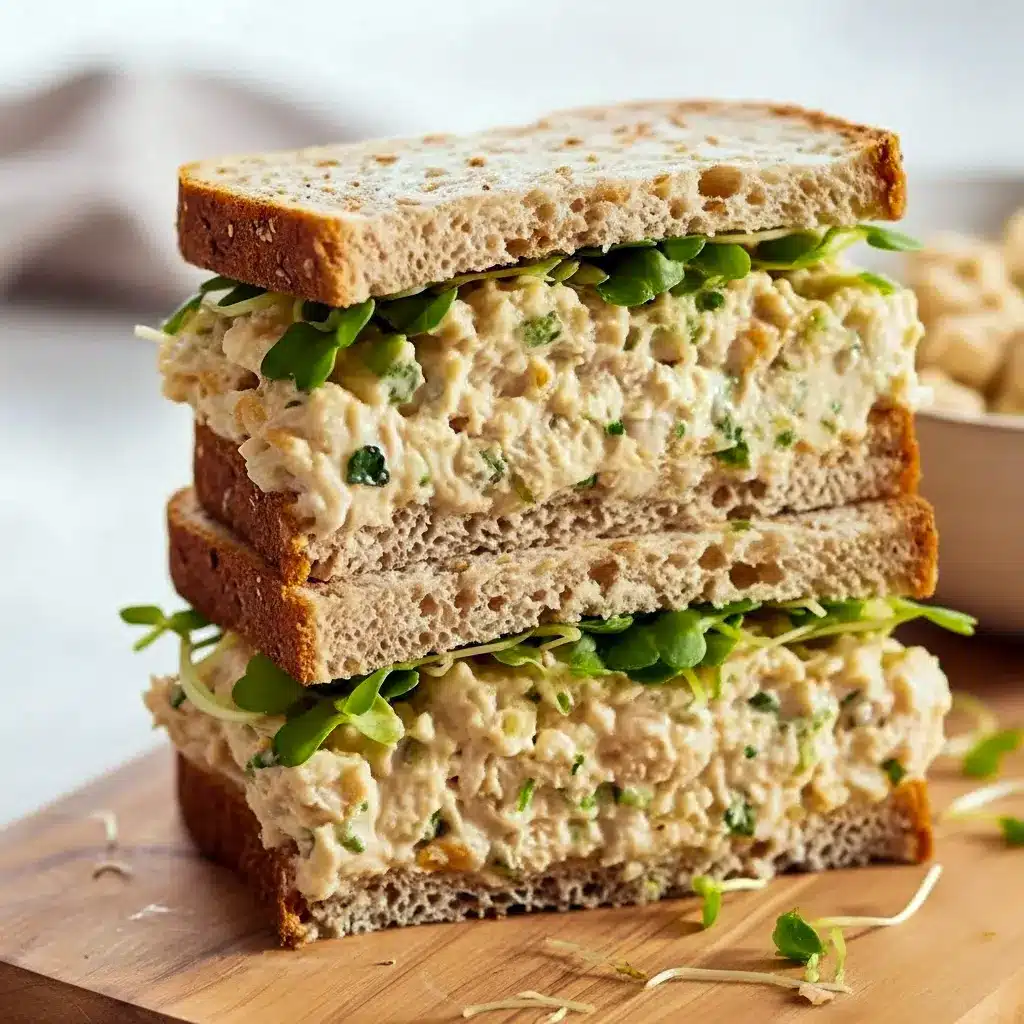 Open-faced chickpea salad sandwich on whole-grain bread topped with romaine, tomato slices, and chopped parsley, styled on a wooden board, Chickpea Sandwich Lunch Idea.