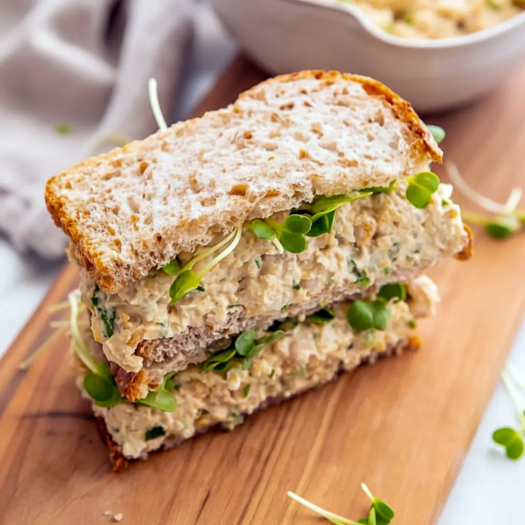 Open-faced chickpea salad sandwich on whole-grain bread topped with romaine, tomato slices, and chopped parsley, styled on a wooden board, Chickpea Sandwich Lunch Idea.