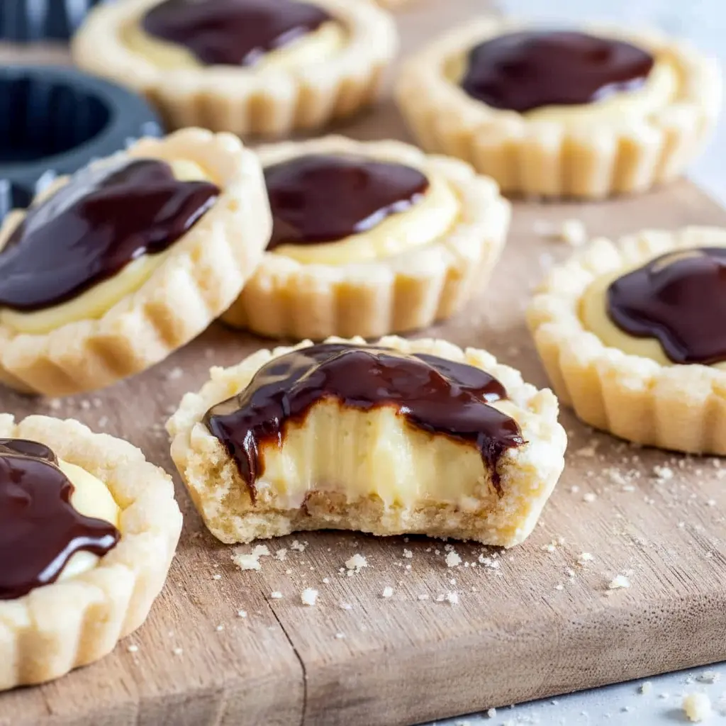 Tray of Boston Cream Pie Cookies: golden cookie cups filled with creamy custard and topped with shiny chocolate ganache — a dreamy example of The Best Cookie Recipes Ever with decadent Cookie Fillings.
