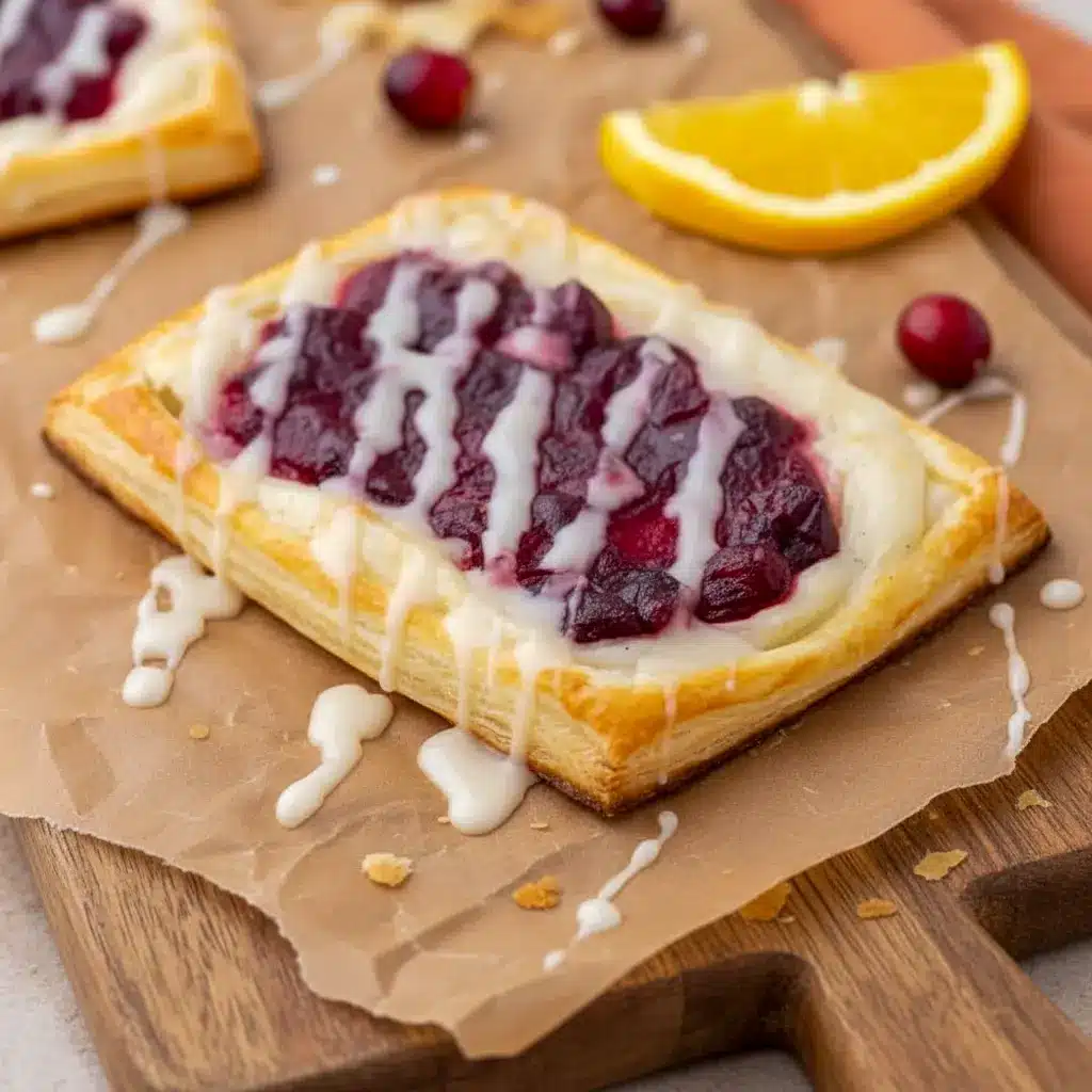 Golden puff-pastry danish filled with creamy cheese and glossy cranberry topping, drizzled with vanilla glaze on a marble board, What To Do With Cranberry Sauce.