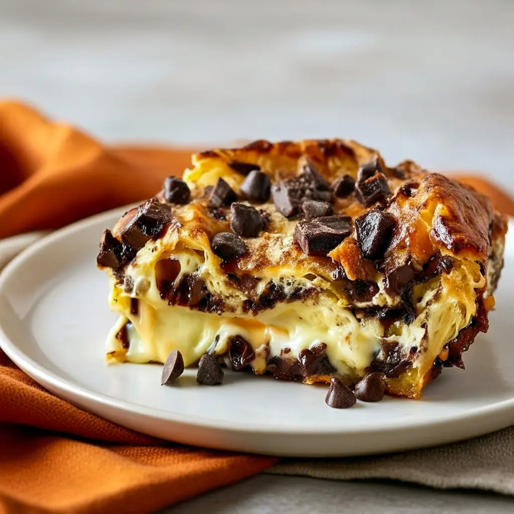 Close-up of a golden, chocolate-studded bread pudding with cream cheese swirls and powdered sugar — showcasing rich Bread Pudding Flavors and a dreamy Bread Pudding With Cream Cheese, ideal for lovers of Bread Pudding Cheesecake or anyone craving an over-the-top Cheesecake Bread Pudding, Flavored Bread Pudding Recipe.