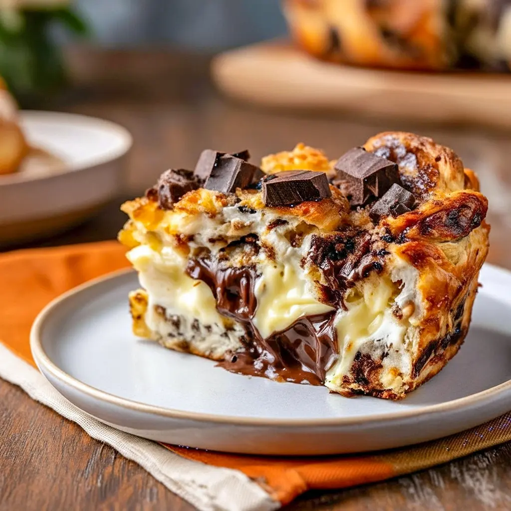 Close-up of a golden, chocolate-studded bread pudding with cream cheese swirls and powdered sugar — showcasing rich Bread Pudding Flavors and a dreamy Bread Pudding With Cream Cheese, ideal for lovers of Bread Pudding Cheesecake or anyone craving an over-the-top Cheesecake Bread Pudding, Flavored Bread Pudding Recipe.