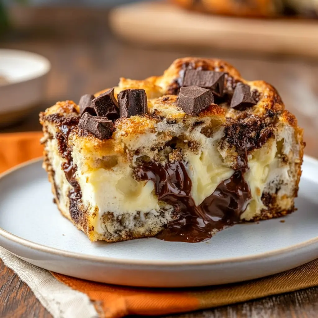 Close-up of a golden, chocolate-studded bread pudding with cream cheese swirls and powdered sugar — showcasing rich Bread Pudding Flavors and a dreamy Bread Pudding With Cream Cheese, ideal for lovers of Bread Pudding Cheesecake or anyone craving an over-the-top Cheesecake Bread Pudding, Flavored Bread Pudding Recipe.
