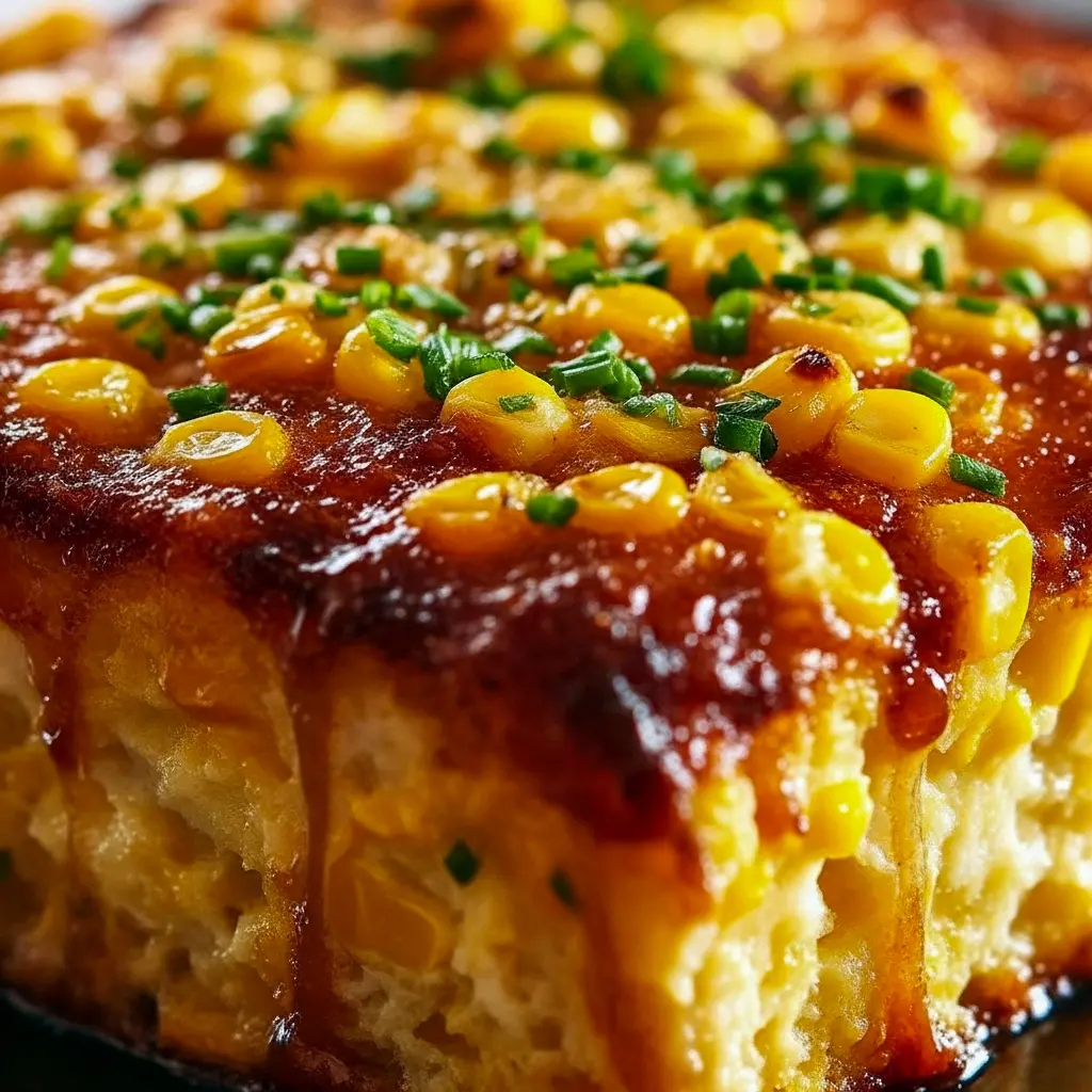 Close-up of a golden Baked Corn Casserole topped with honey glaze and melted cheese, sliced and ready to serve — a delicious Corn Side Dish Recipes example and classic Corn Recipe for holidays.