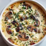 Close-up of creamy Soup With Cottage Cheese and sautéed mushrooms in a white bowl, garnished with parsley — a tasty example of Recipes Using Cottage Cheese, a satisfying High Protein Soup, and a modern take on Mushroom Soup Recipes, Cottage Cheese Mushroom Soup.