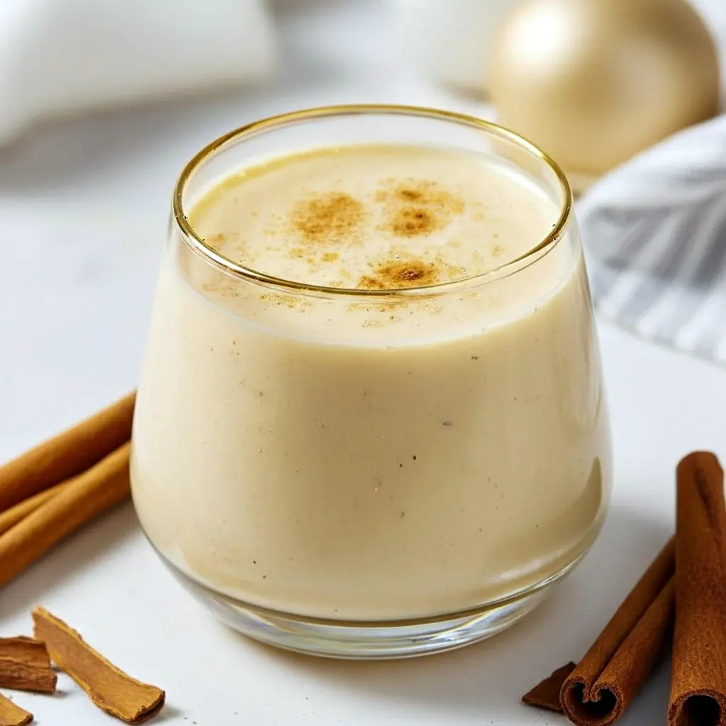 Glass of creamy condensed milk eggnog topped with whipped cream, grated nutmeg, and a cinnamon stick, set on a wooden table with soft holiday decorations.