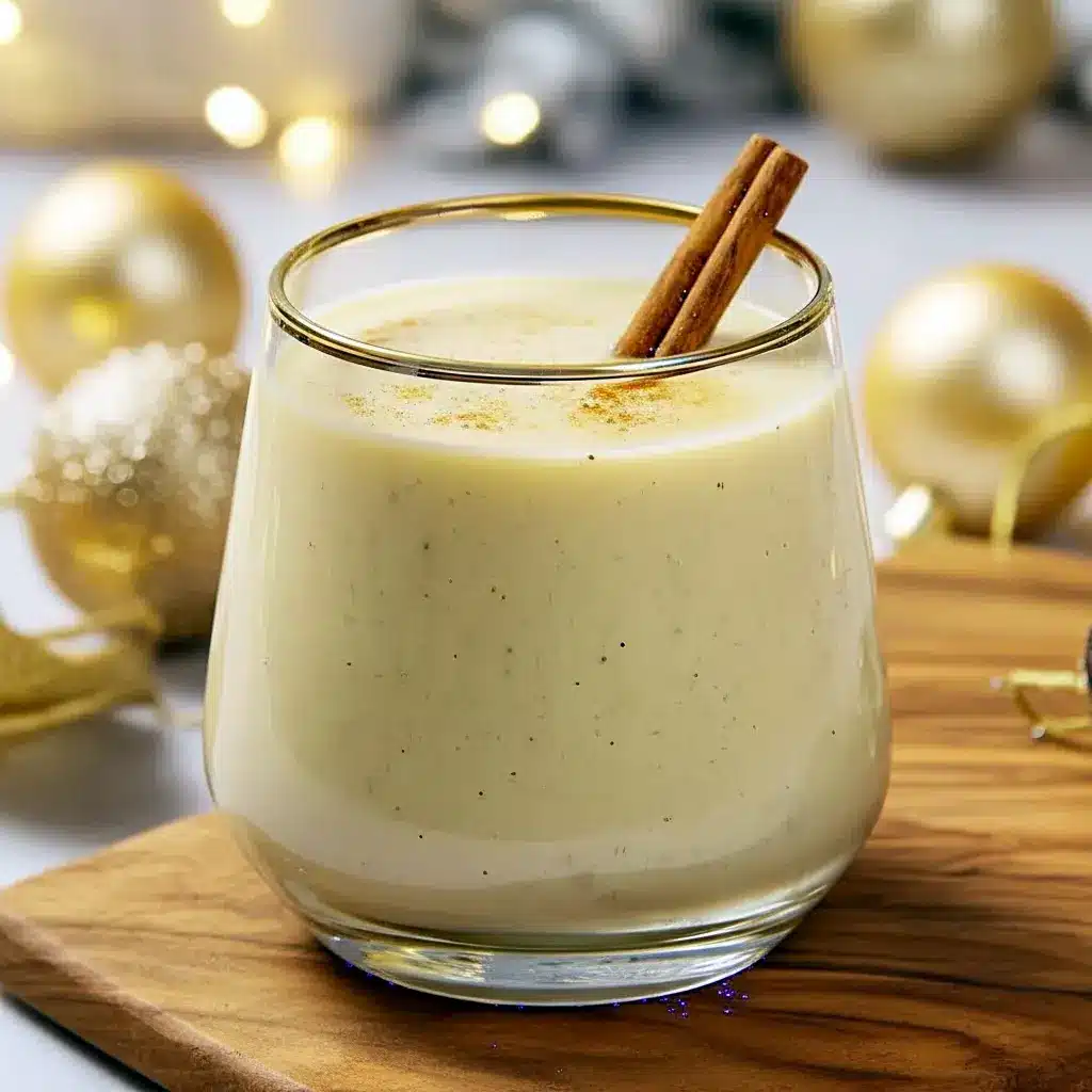 Glass of creamy condensed milk eggnog topped with whipped cream, grated nutmeg, and a cinnamon stick, set on a wooden table with soft holiday decorations.