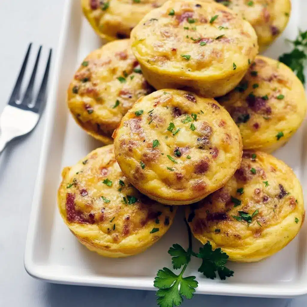 Cottage Cheese Egg Bites Recipe — close-up of golden, baked egg bites in a muffin tin, topped with chopped chives and crispy bacon, ready to serve.
