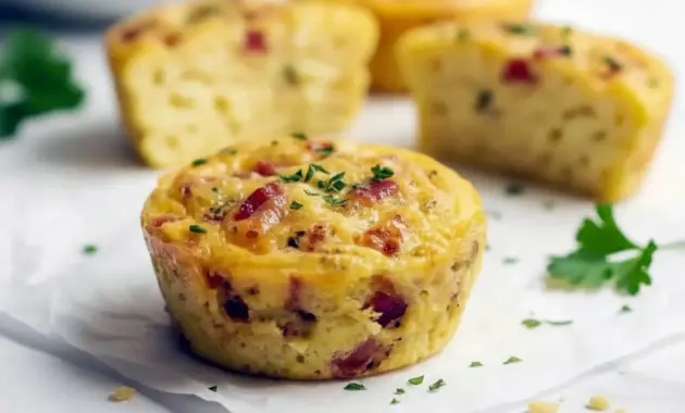 Cottage Cheese Egg Bites Recipe — close-up of golden, baked egg bites in a muffin tin, topped with chopped chives and crispy bacon, ready to serve.
