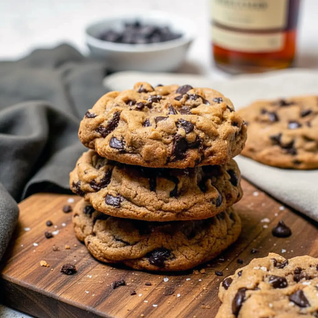Cozy Dessert Recipes: close-up of a gooey bourbon browned-butter chocolate chip cookie, molten chocolate oozing from the center with golden edges and a sprinkle of flaky sea salt.