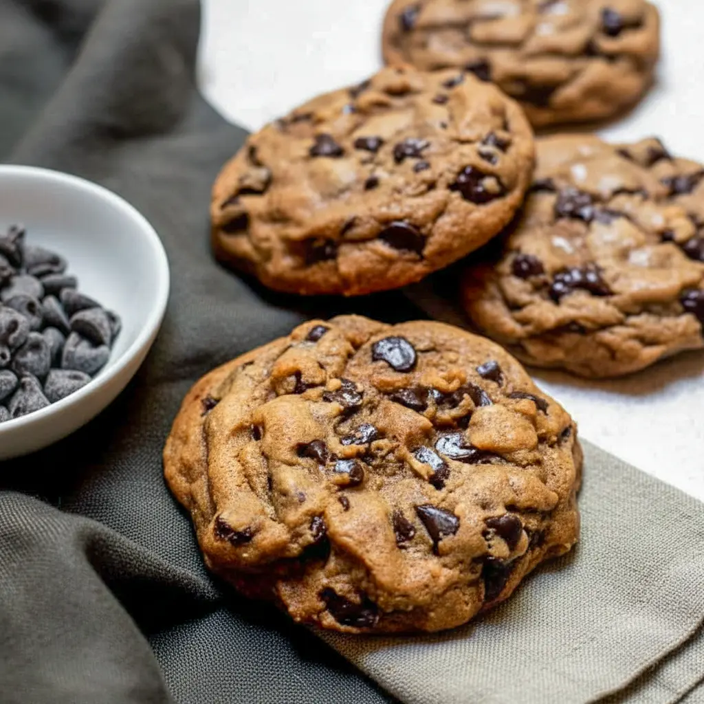 Cozy Dessert Recipes: close-up of a gooey bourbon browned-butter chocolate chip cookie, molten chocolate oozing from the center with golden edges and a sprinkle of flaky sea salt.