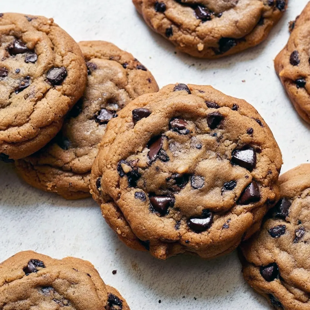 Cozy Dessert Recipes: close-up of a gooey bourbon browned-butter chocolate chip cookie, molten chocolate oozing from the center with golden edges and a sprinkle of flaky sea salt.