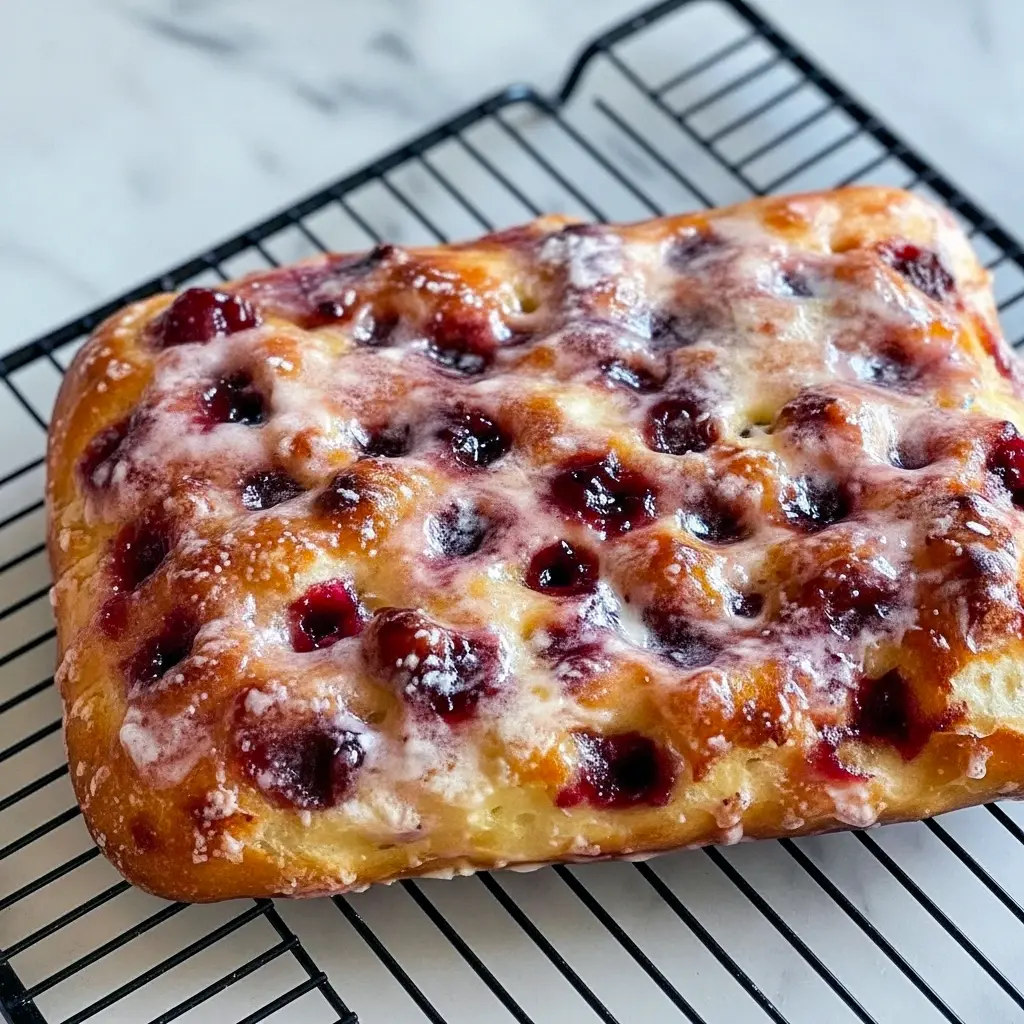 Close-up of a golden, jam-stuffed Focaccia Bread square with glossy fruit filling and a light sugar dusting — a Jam Donut–inspired sweet focaccia ready for brunch.