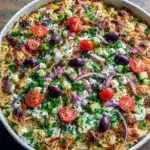 Top-down shot of a golden chicken tzatziki casserole topped with creamy tzatziki, crumbled feta, halved tomatoes, Kalamata slices, and chopped parsley; a spoon lifts a portion to reveal fluffy rice and tender chicken, Dump And Bake Casseroles.
