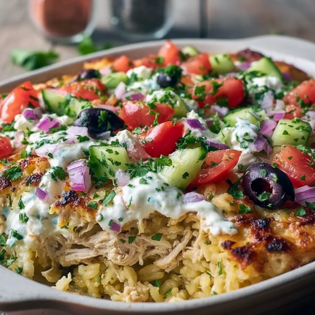 Top-down shot of a golden chicken tzatziki casserole topped with creamy tzatziki, crumbled feta, halved tomatoes, Kalamata slices, and chopped parsley; a spoon lifts a portion to reveal fluffy rice and tender chicken, Dump And Bake Casseroles.