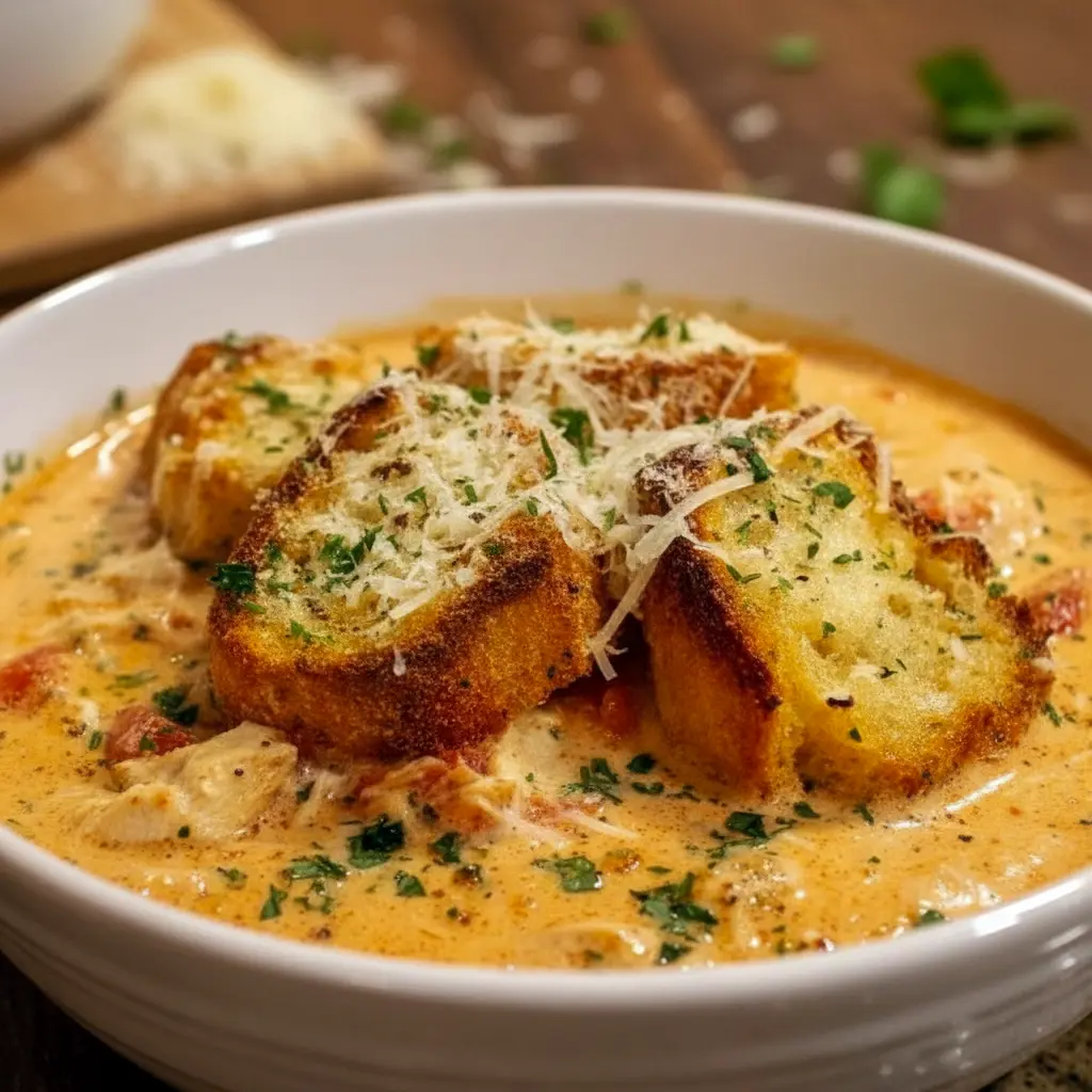 Steaming bowl of creamy chicken Parmesan soup with shredded chicken, grated Parmesan, tortellini, fresh basil, and a slice of crusty bread on the side.