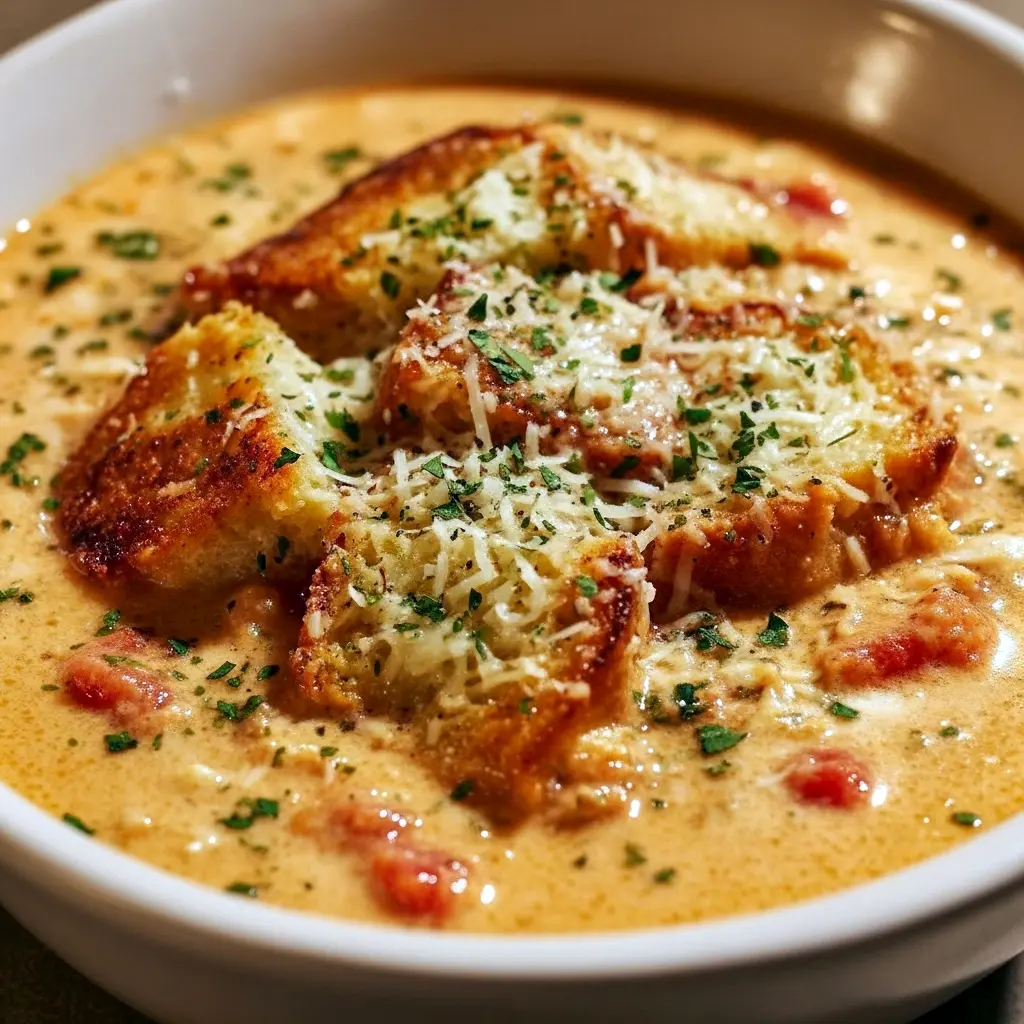 Steaming bowl of creamy chicken Parmesan soup with shredded chicken, grated Parmesan, tortellini, fresh basil, and a slice of crusty bread on the side.