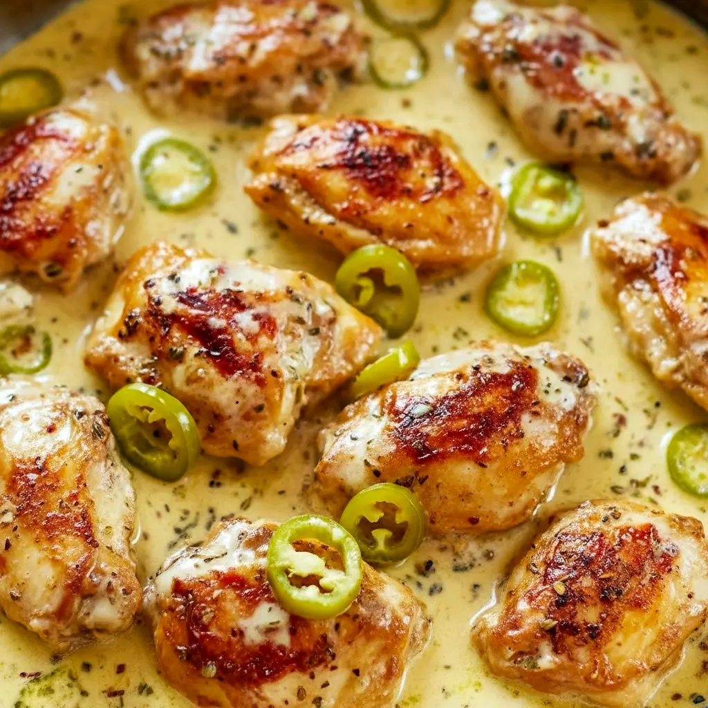 Skillet with golden-seared chicken strips in a creamy Parmesan sauce studded with green pepperoncini and roasted red peppers, garnished with parsley, Creamy Pepperoncini Chicken.