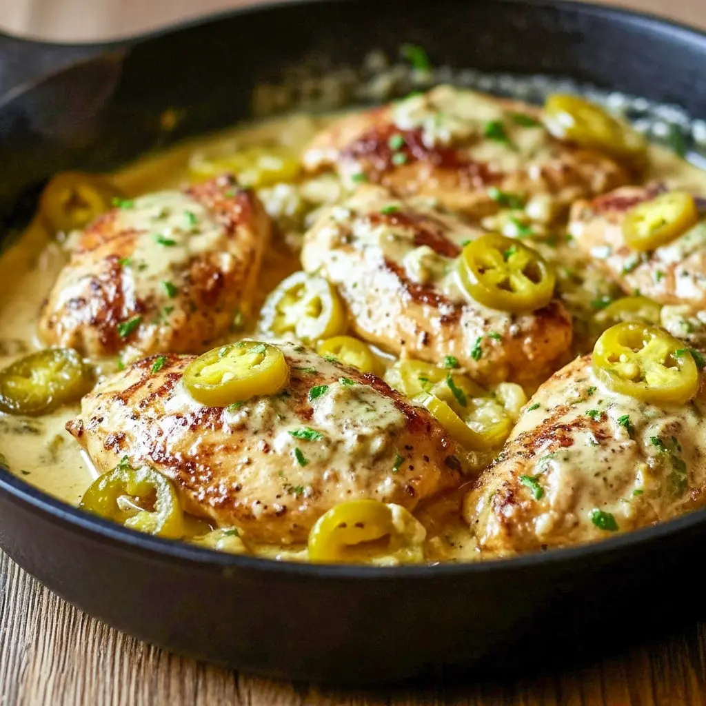 Skillet with golden-seared chicken strips in a creamy Parmesan sauce studded with green pepperoncini and roasted red peppers, garnished with parsley, Creamy Pepperoncini Chicken.