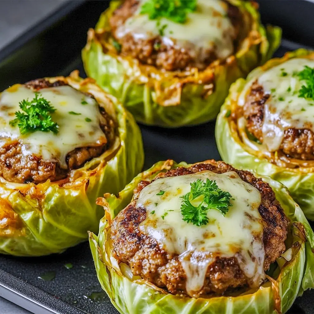 Overhead of a crispy cabbage burger bake: golden-roasted cabbage slices layered with seared patties and melted cheese — a tasty example of Meals With Cabbage and Cabbage Burgers Recipes Easy.