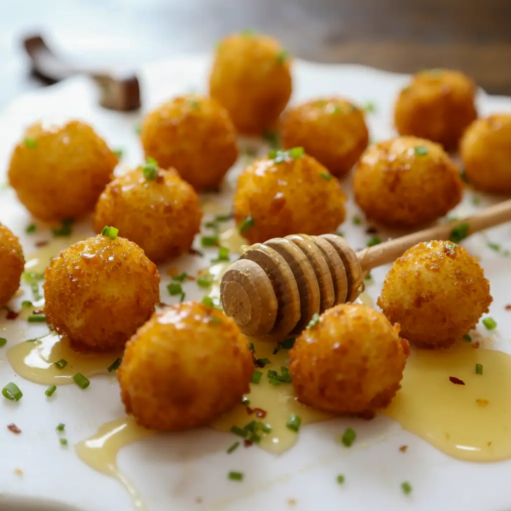 Goat Cheese And Honey Bites — golden fried goat cheese poppers drizzled with honey and sprinkled with chives, a tempting Goat Cheese Honey appetizer on a white platter.
