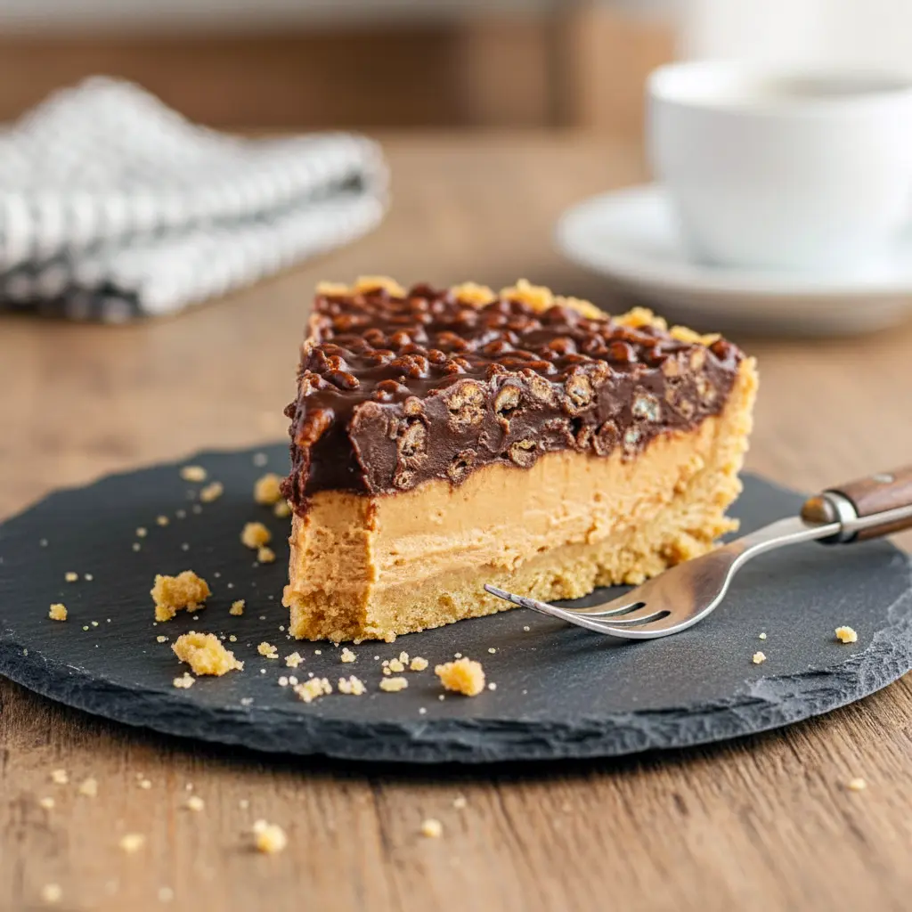 Slice of Chocolate Peanut Butter Crunch Pie showing creamy peanut butter filling and glossy chocolate crackle topped with crispy cereal — a dreamy Crunchy Crust Dessert.