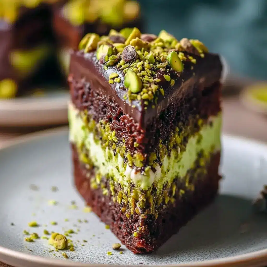Slice of Pistachio Cake with glossy chocolate ganache, pale green pistachio filling, and toasted kataifi strands — a plated Chocolate Desserts moment.