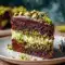 Slice of Pistachio Cake with glossy chocolate ganache, pale green pistachio filling, and toasted kataifi strands — a plated Chocolate Desserts moment.