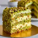 Three-layer pistachio mascarpone cake topped with chopped pistachios, a slice removed to reveal the creamy filling and soft green sponge.