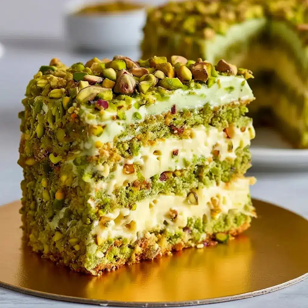 Three-layer pistachio mascarpone cake topped with chopped pistachios, a slice removed to reveal the creamy filling and soft green sponge.