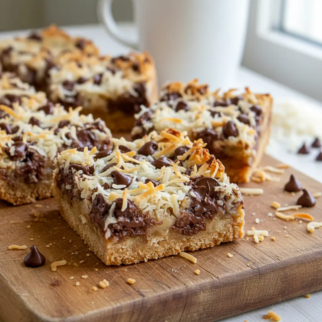 Magic Cookie Bars stacked on a plate, showing gooey chocolate chips, toasted coconut, and chopped nuts.