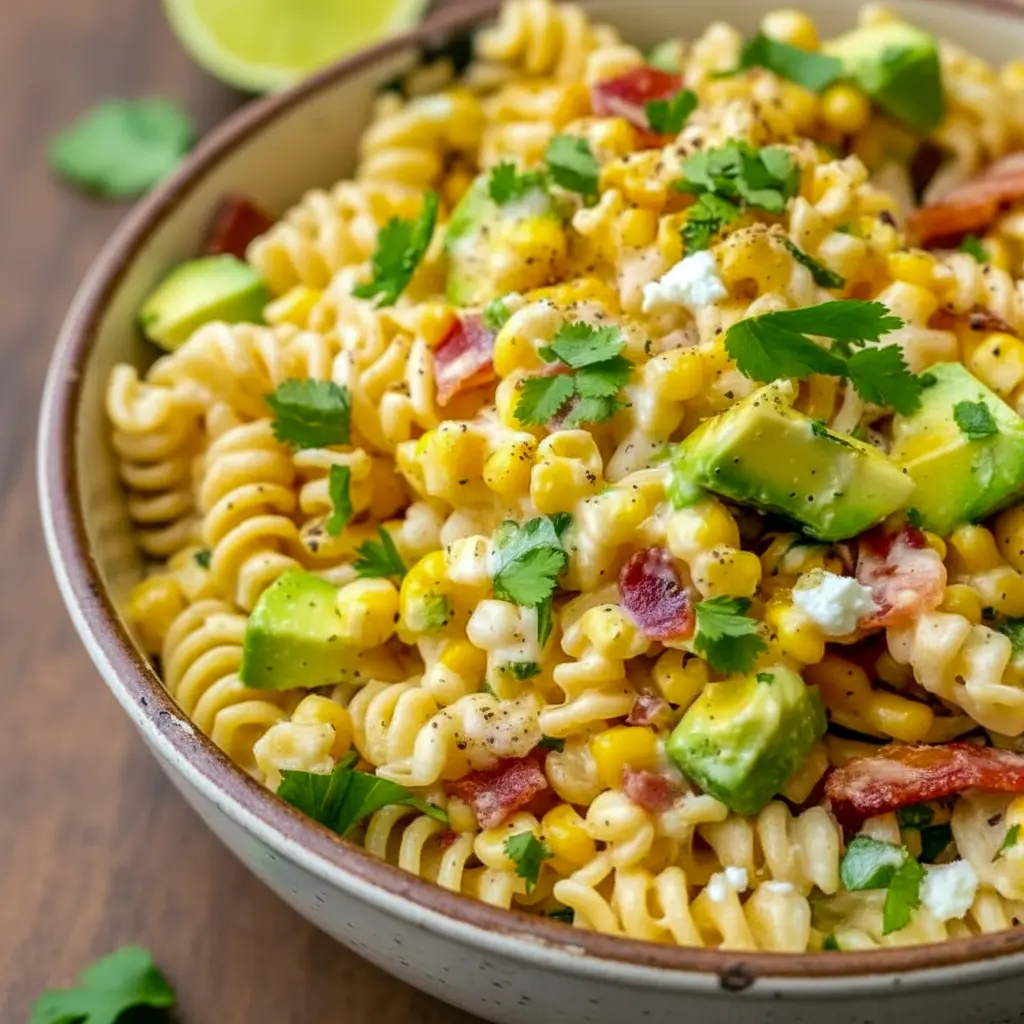 Fun Pasta Salad close-up of Mexican street corn pasta with charred corn kernels, crumbled cotija, cilantro and a lime wedge in a white bowl.