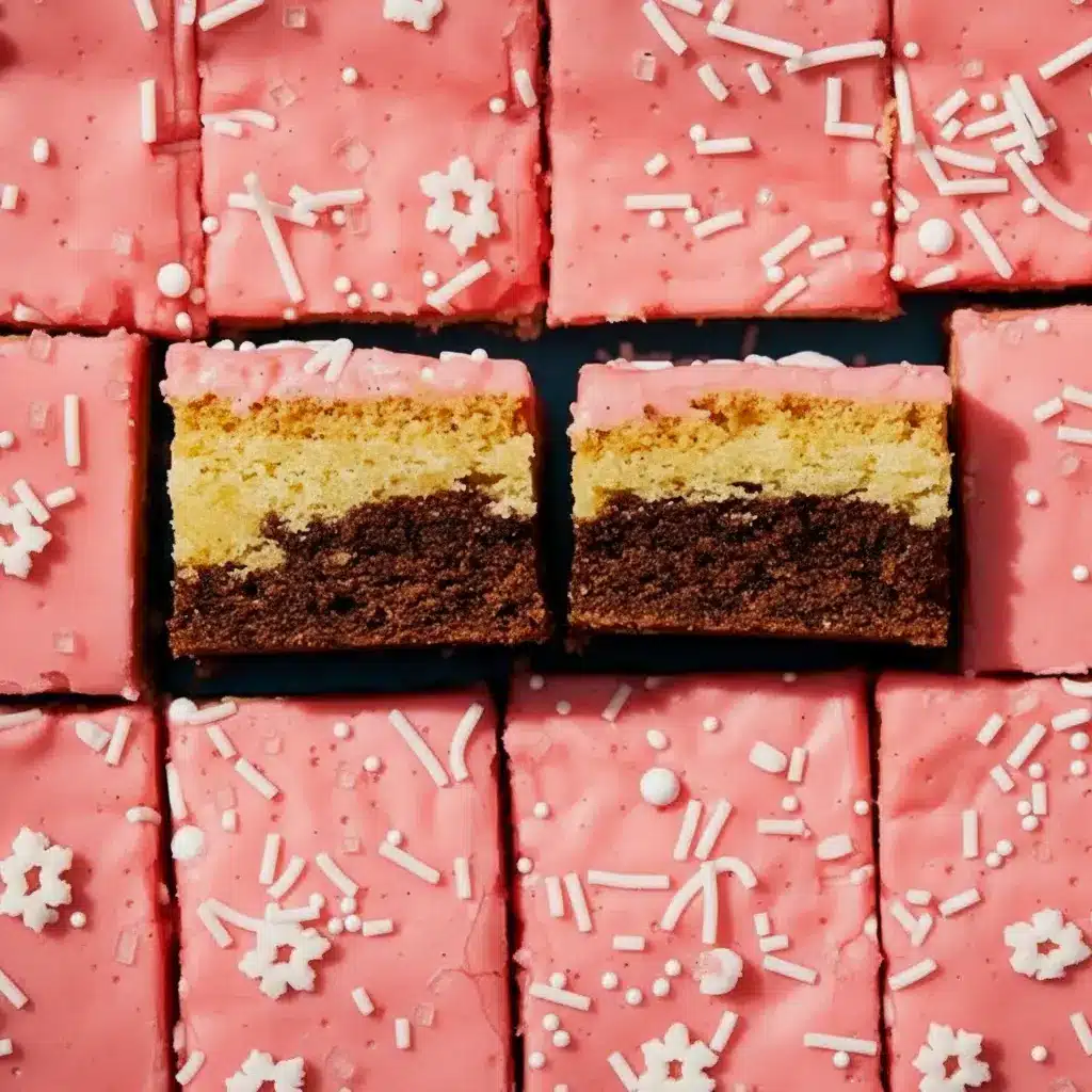 Three stacked slices of Sugar Cookie Bars showing layered chocolate and vanilla with pink raspberry glaze and sprinkles.