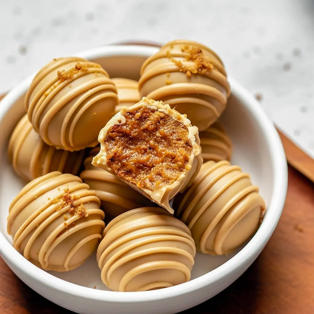 Close-up of round white-chocolate–coated truffles with cookie crumb garnish on parchment paper, showing glossy drizzle and warm cinnamon specks, No Bake Biscoff Truffles.