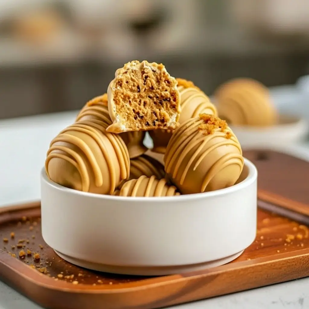 Close-up of round white-chocolate–coated truffles with cookie crumb garnish on parchment paper, showing glossy drizzle and warm cinnamon specks, No Bake Biscoff Truffles.