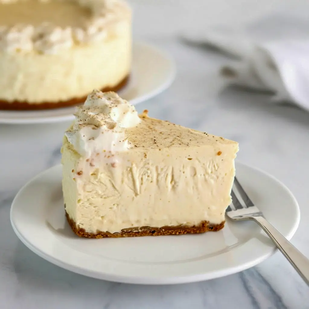 Slice of No Bake Eggnog Cheesecake with gingersnap crust, whipped cream, and a dusting of nutmeg.