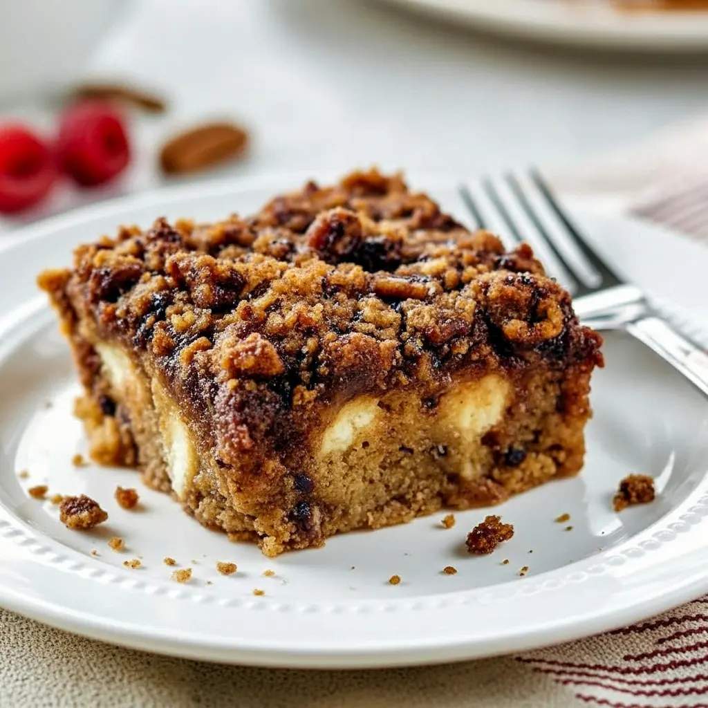 Close-up of a warm slice of Eggnog French Toast Casserole Overnight topped with caramelized pecans and a crisp crumble; a fork lifts a gooey bite of Eggnog French Toast Casserole that reveals spiced custard and soft bread, showcasing the cozy Eggnog French Toast goodness of this Over Night Eggnog French Toast Casserole, Overnight Eggnog French Toast Casserole.