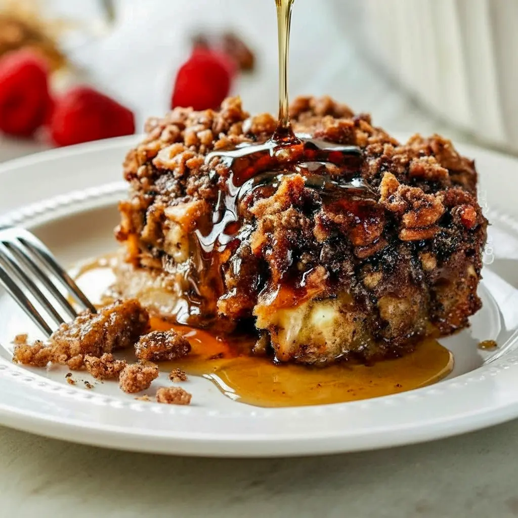 Close-up of a warm slice of Eggnog French Toast Casserole Overnight topped with caramelized pecans and a crisp crumble; a fork lifts a gooey bite of Eggnog French Toast Casserole that reveals spiced custard and soft bread, showcasing the cozy Eggnog French Toast goodness of this Over Night Eggnog French Toast Casserole, Overnight Eggnog French Toast Casserole.